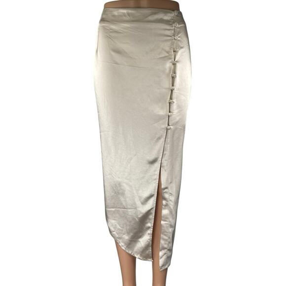 NEW Princess Polly Beige Silk Satin Asymmetric Midi Straight Pencil Slip Skirt 6 - Picture 1 of 5